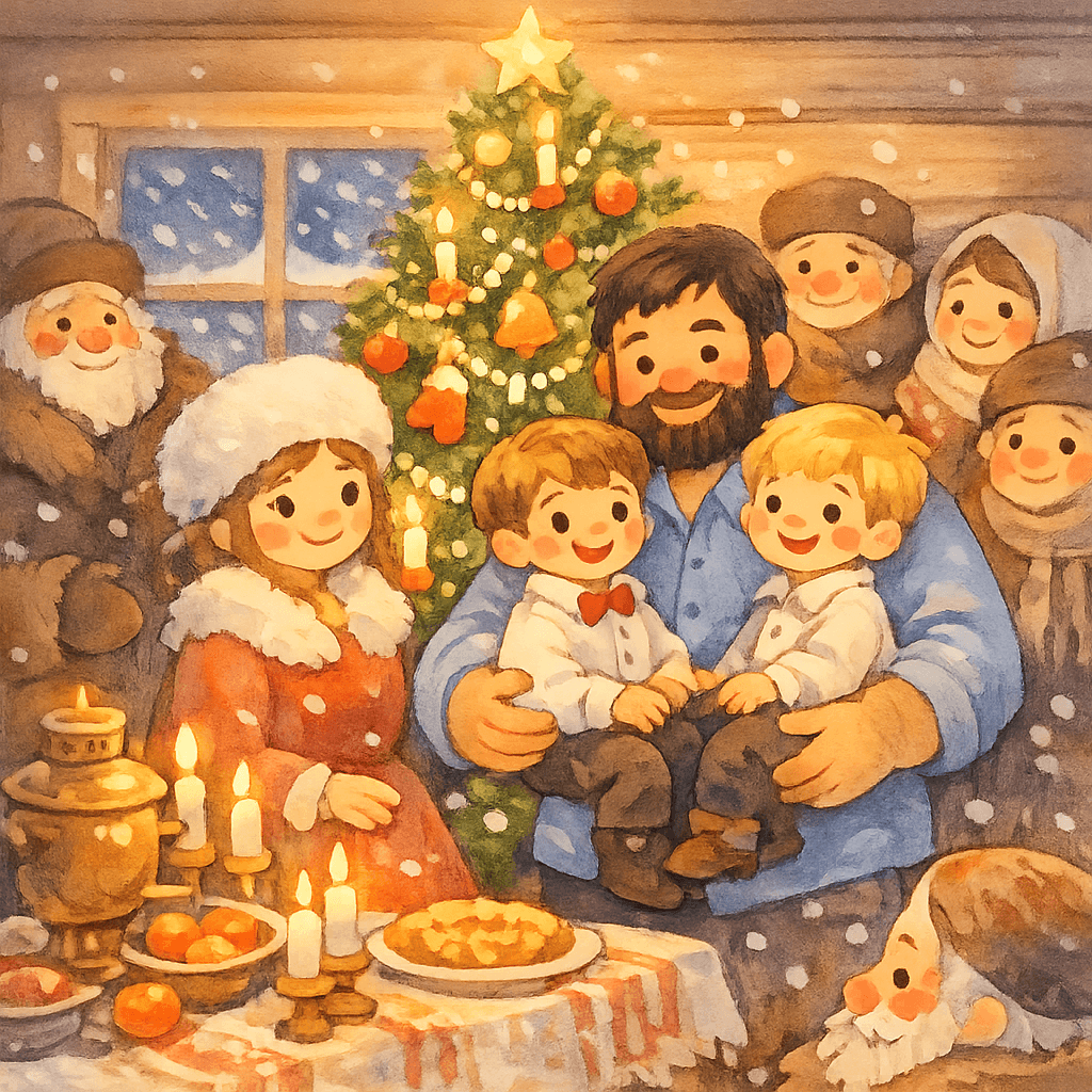 Все празднуют Новый год у ёлки в избе, папа, мама, Чук, Гек, сторож и собака