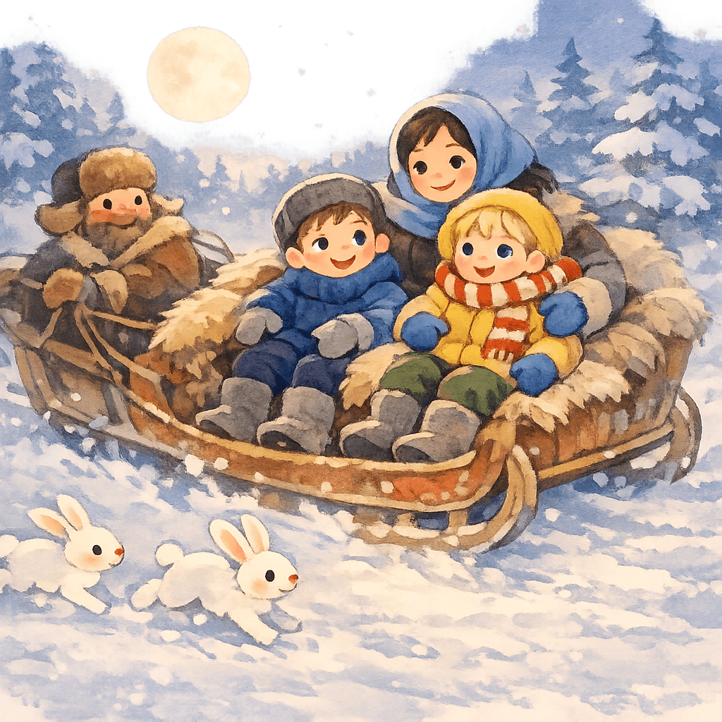 Чук, Гек, мама и ямщик едут в санях по таёжному лесу, белые зайцы