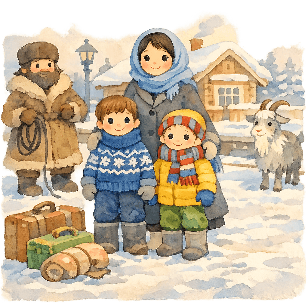 Чук, Гек и мама с вещами на заснеженной станции, ямщик и козёл