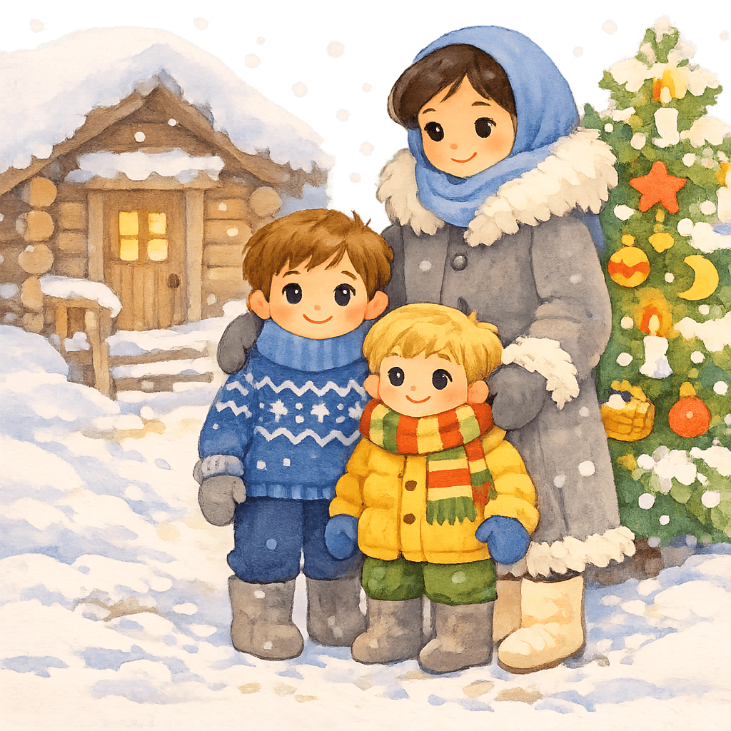 Чук и Гек, их мама и деревянная избушка в зимнем лесу с нарядной ёлкой