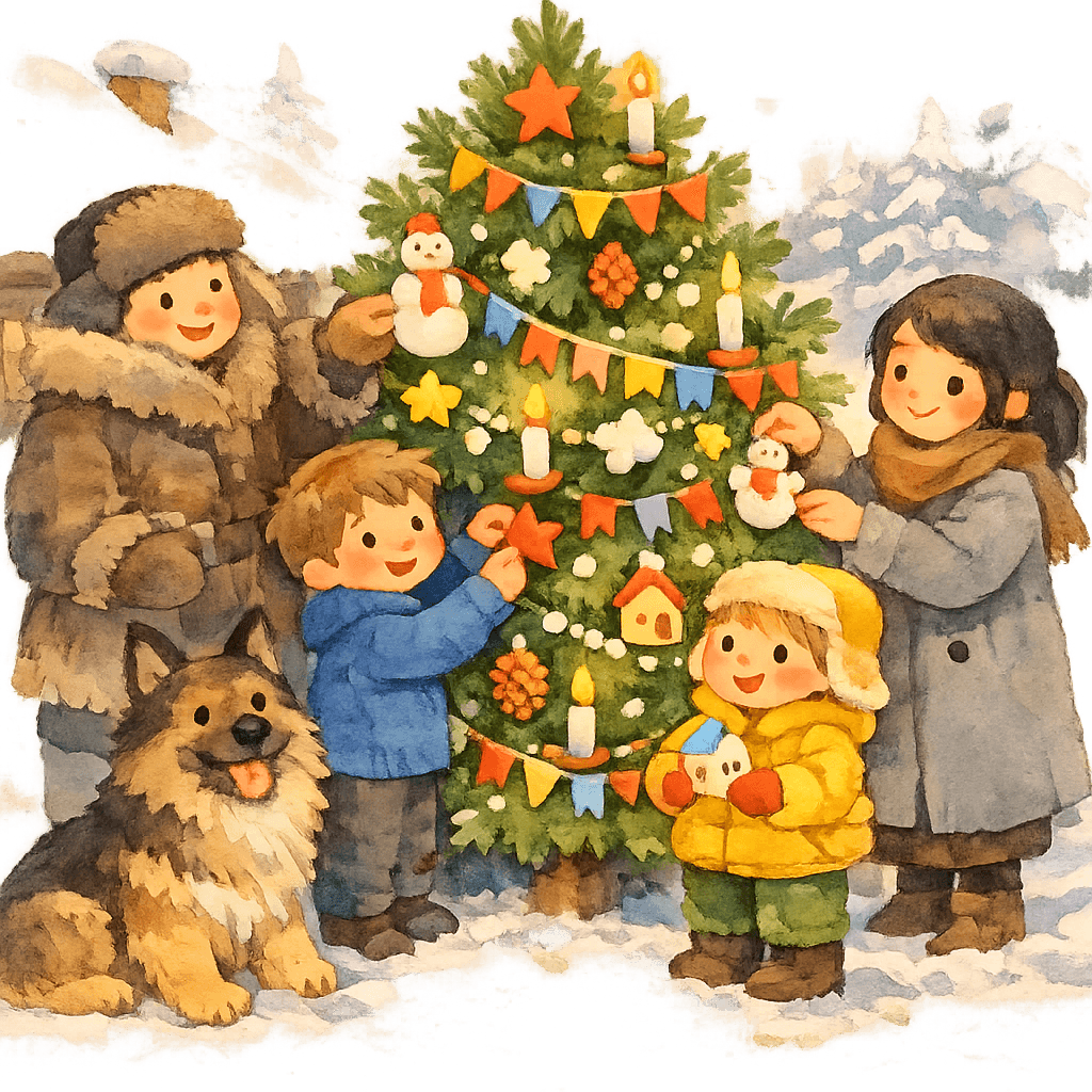 Семья и сторож украшают ёлку в таёжной избе, рядом собака