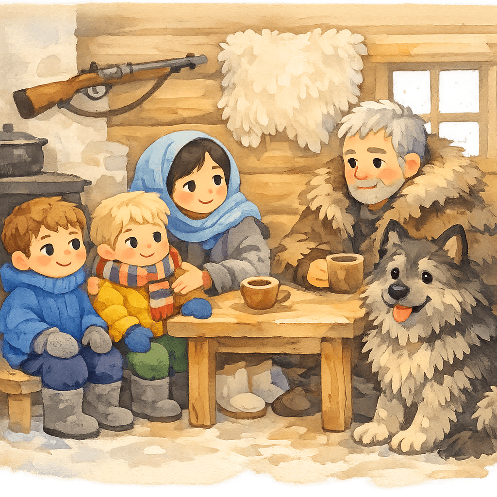 Чук, Гек, мама, сторож и большая собака в тёплой избушке
