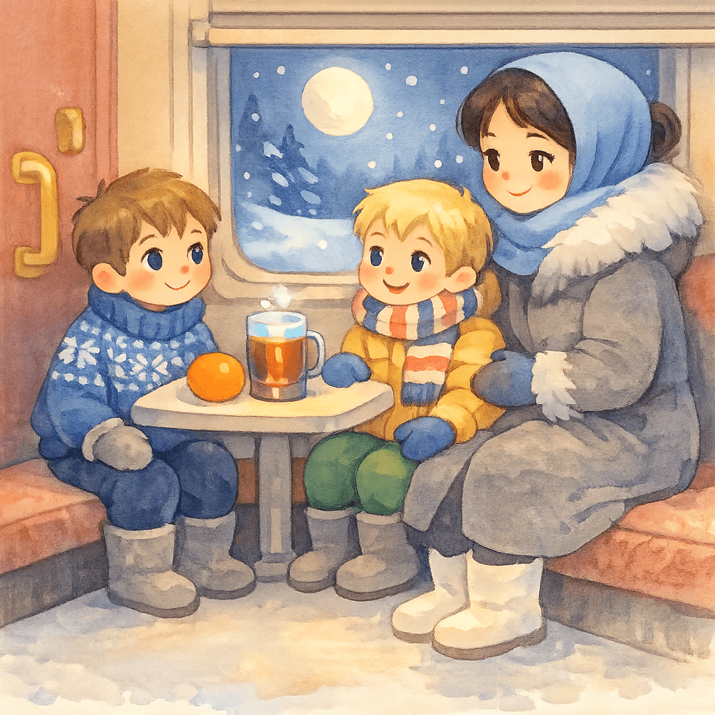 Чук, Гек и мама ночью в купе поезда, вид на луну