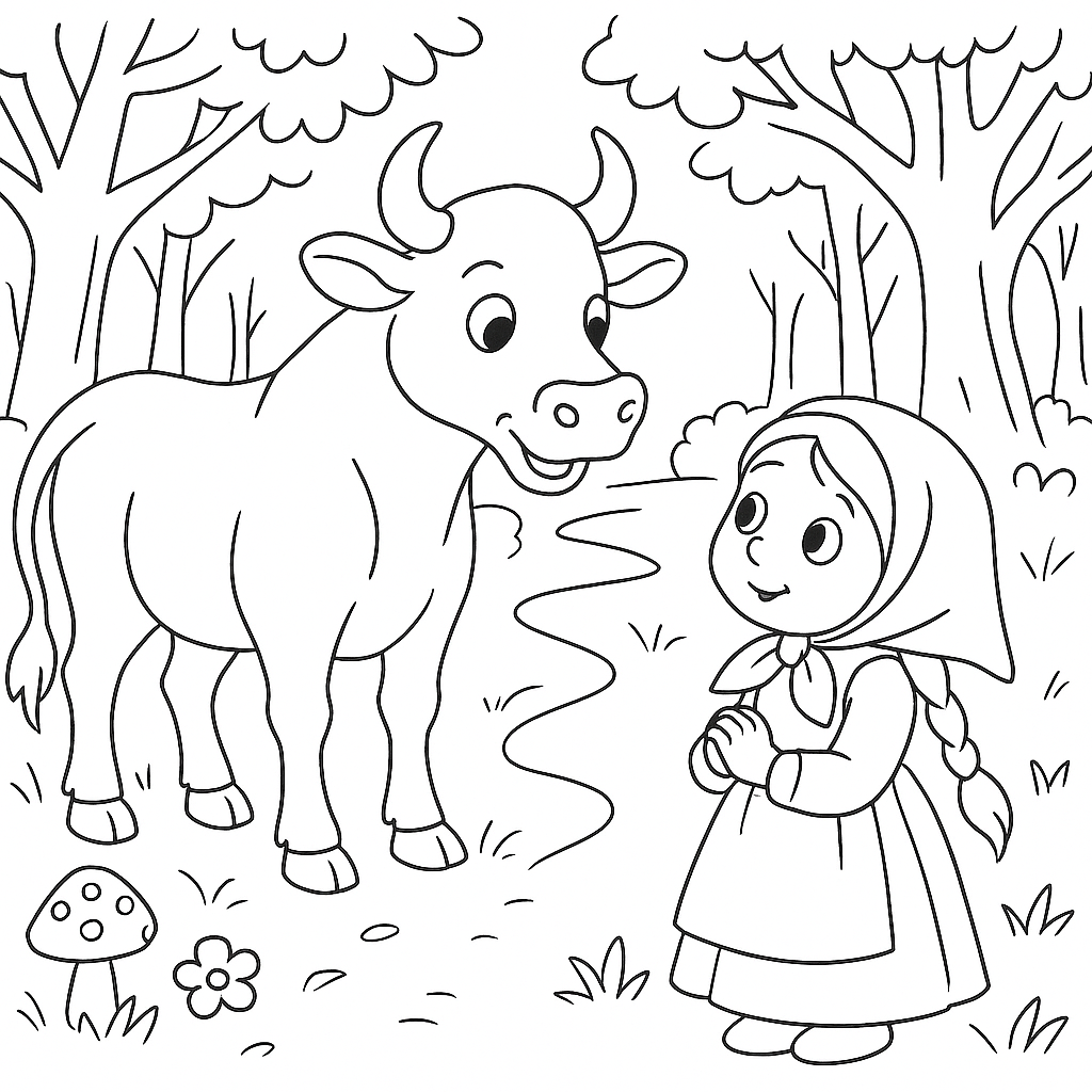 Раскраска по сказке "Бычок — чёрный бочок, белые копытца"