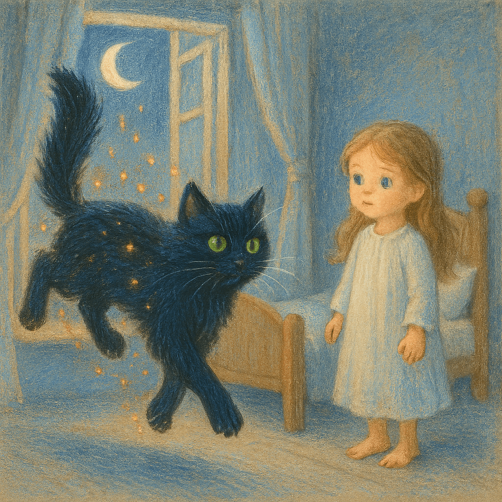 Чёрный кот с искрами в шерсти прыгает в окно к Маше