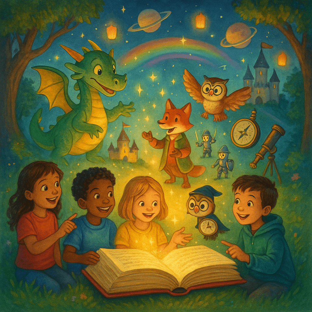 Дети 7–12 лет разных национальностей читают волшебную книгу в сказочном лесу, вокруг оживают дракон, лис-рассказчик, рыцари и сова. Атмосфера вдохновения, дружбы и открытия.
