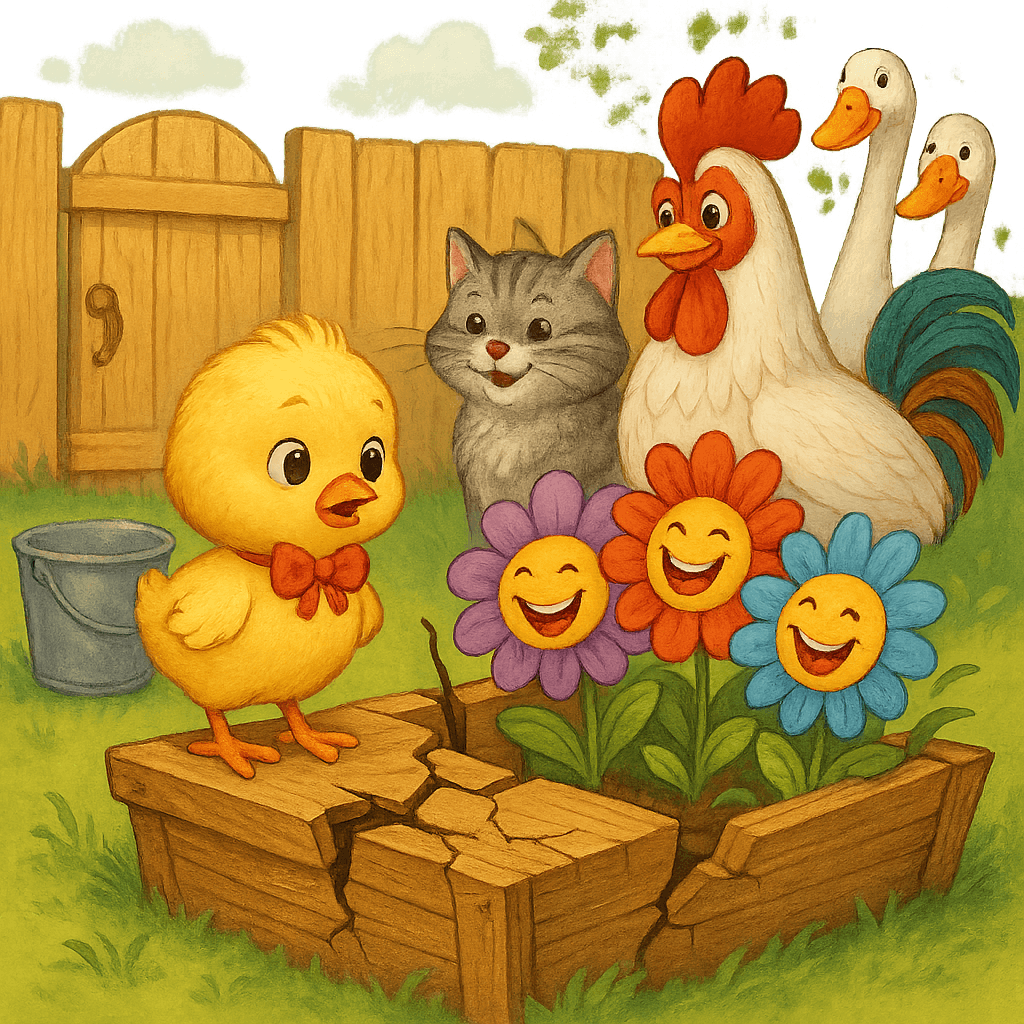 Цыпленок Пи-пи стоит на клумбе, которая трескается от смеха, все вокруг смеются