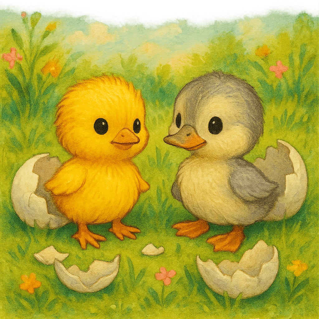 Цыплёнок и Утёнок вылупились из яиц и смотрят друг на друга