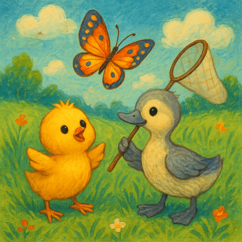 Цыплёнок и Утёнок ловят бабочку