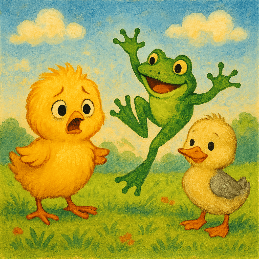 Цыплёнок испугался лягушки, а Утёнок не боится