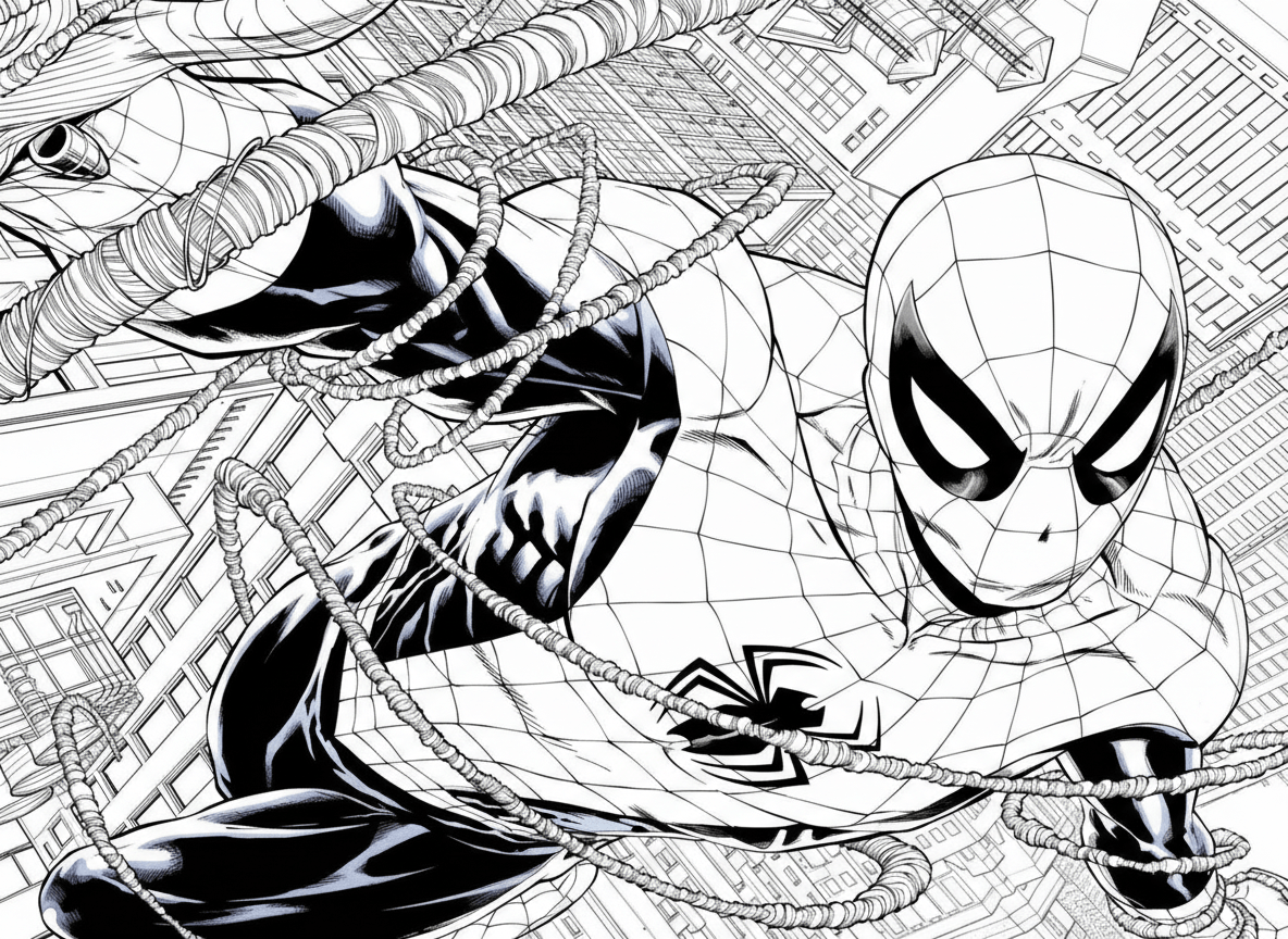 Белый Человек-паук: динамичный полет над городом