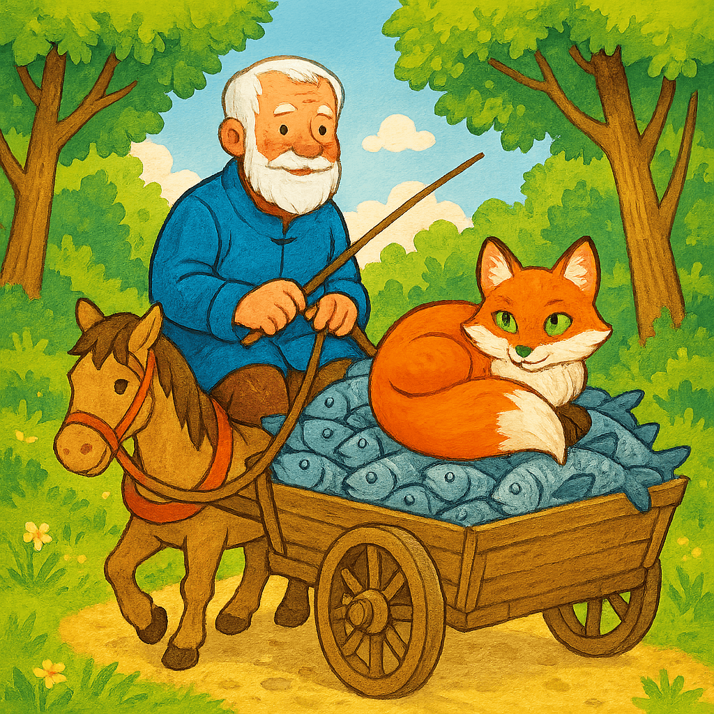 Дед везет телегу с рыбой, на возу свернулась лисичка