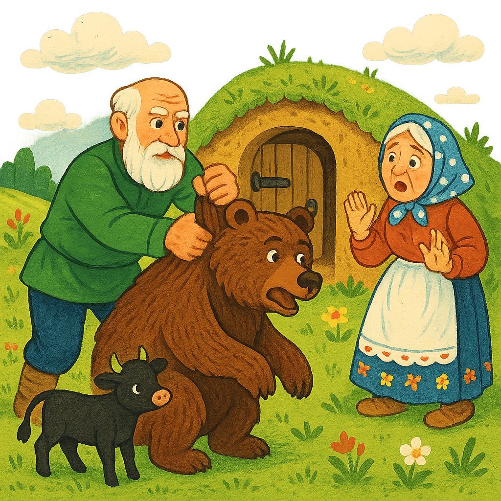 Дед ловит медведя и ведёт к погребу, бабушка удивлена