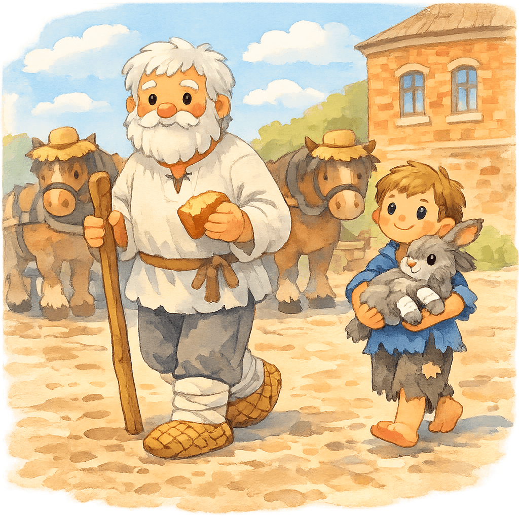 Дед и Ваня с зайцем идут по городской площади