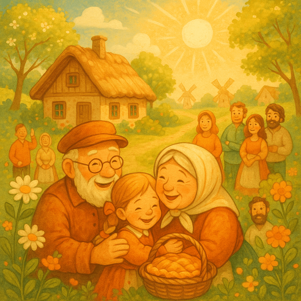 'Бабушка и дедушка находят Машеньку в корзине радость.' 