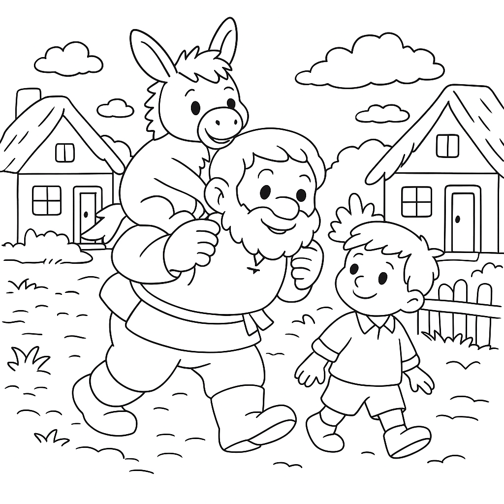 Раскраска по сказке "Мельник, мальчик и осёл"