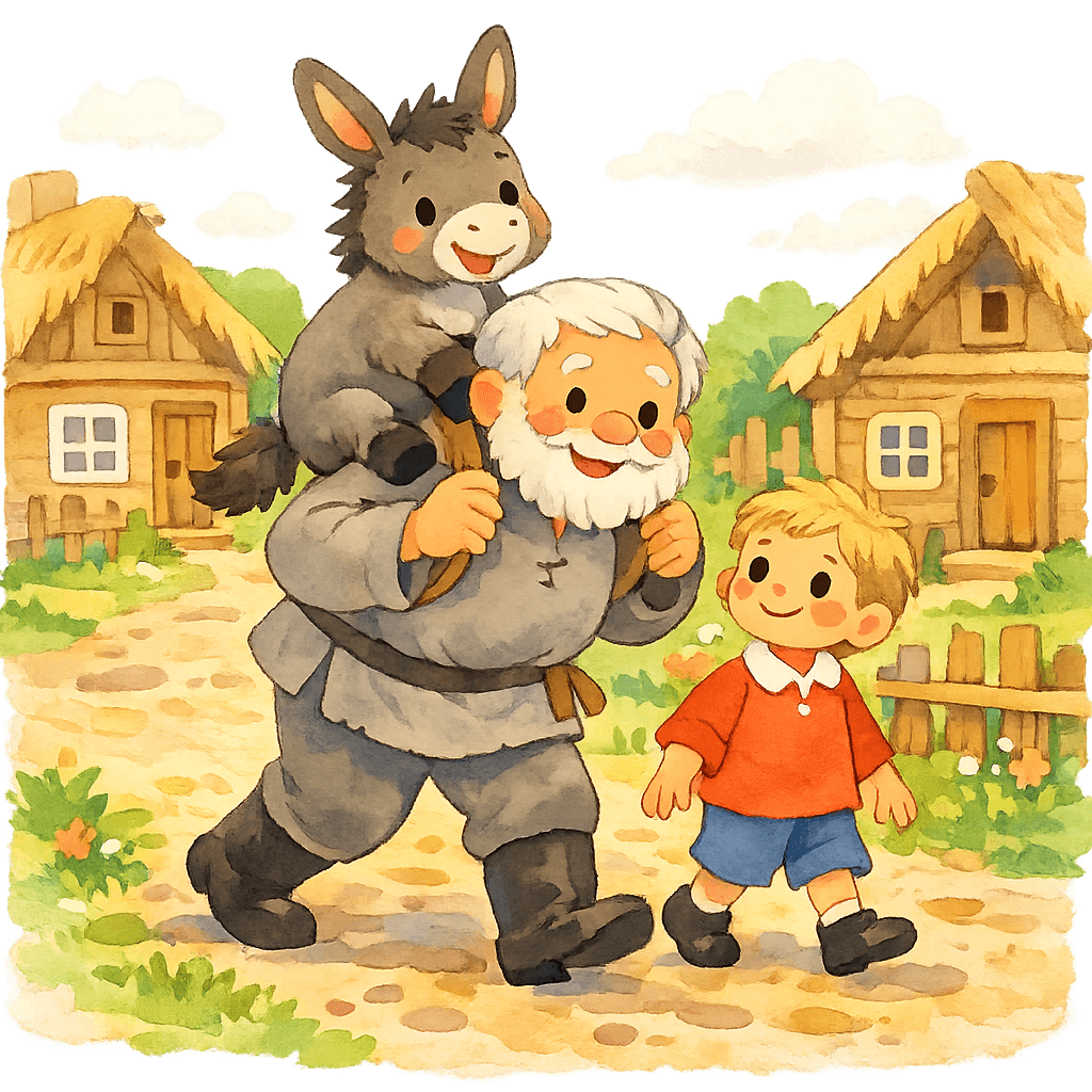 Осёл едет верхом на дедушке, дедушка и мальчик идут пешком