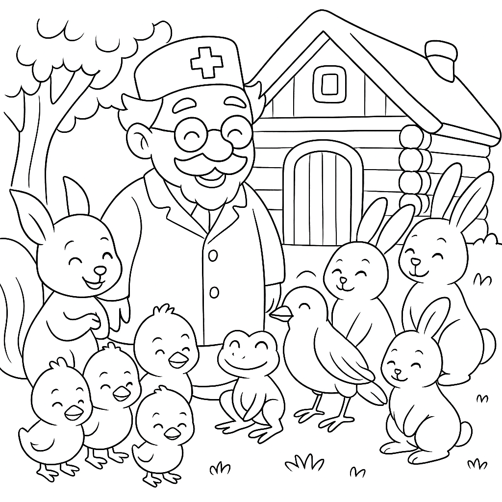 Раскраска по сказке "Айболит и воробей"