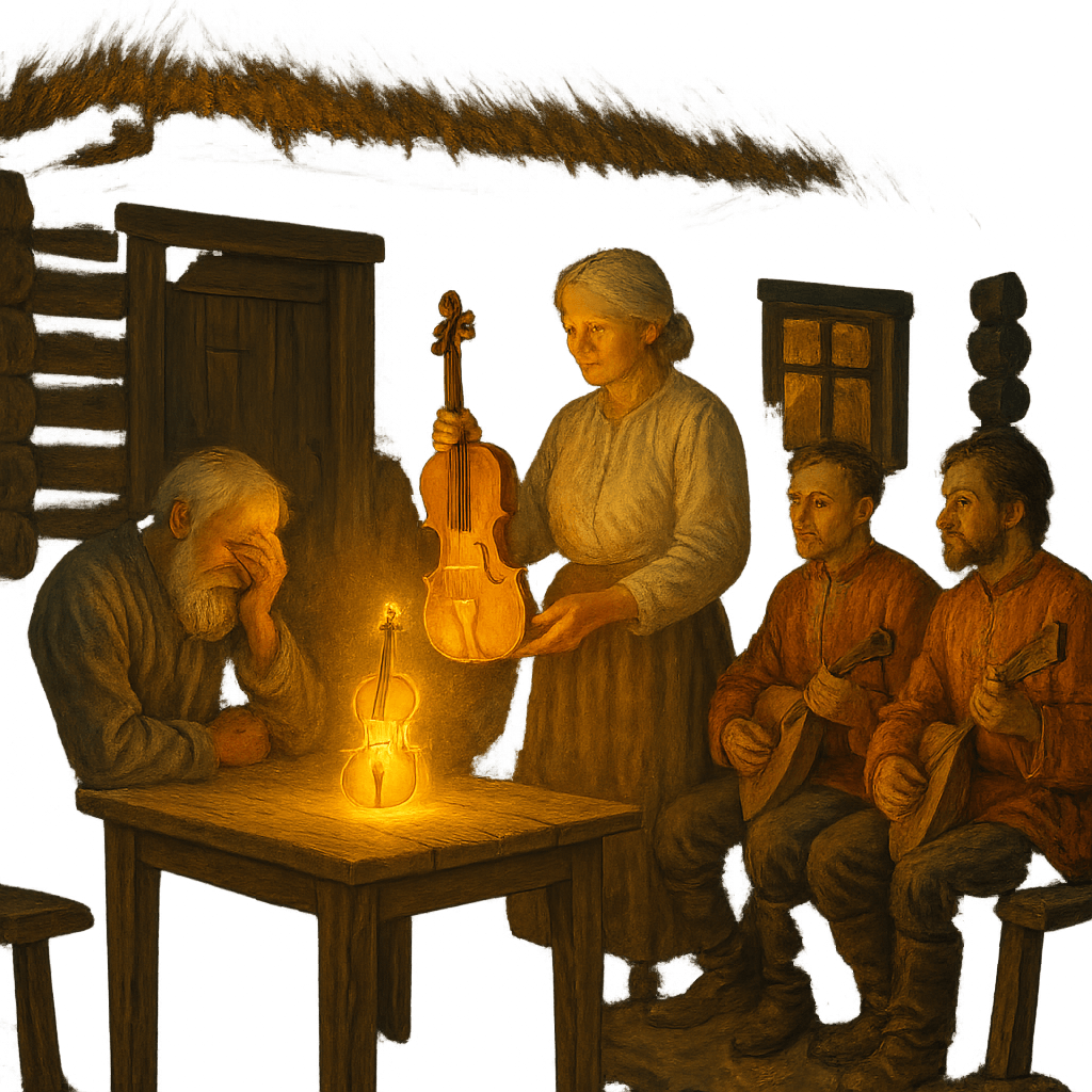 В деревенской избе семья и музыканты слушают волшебную скрипку