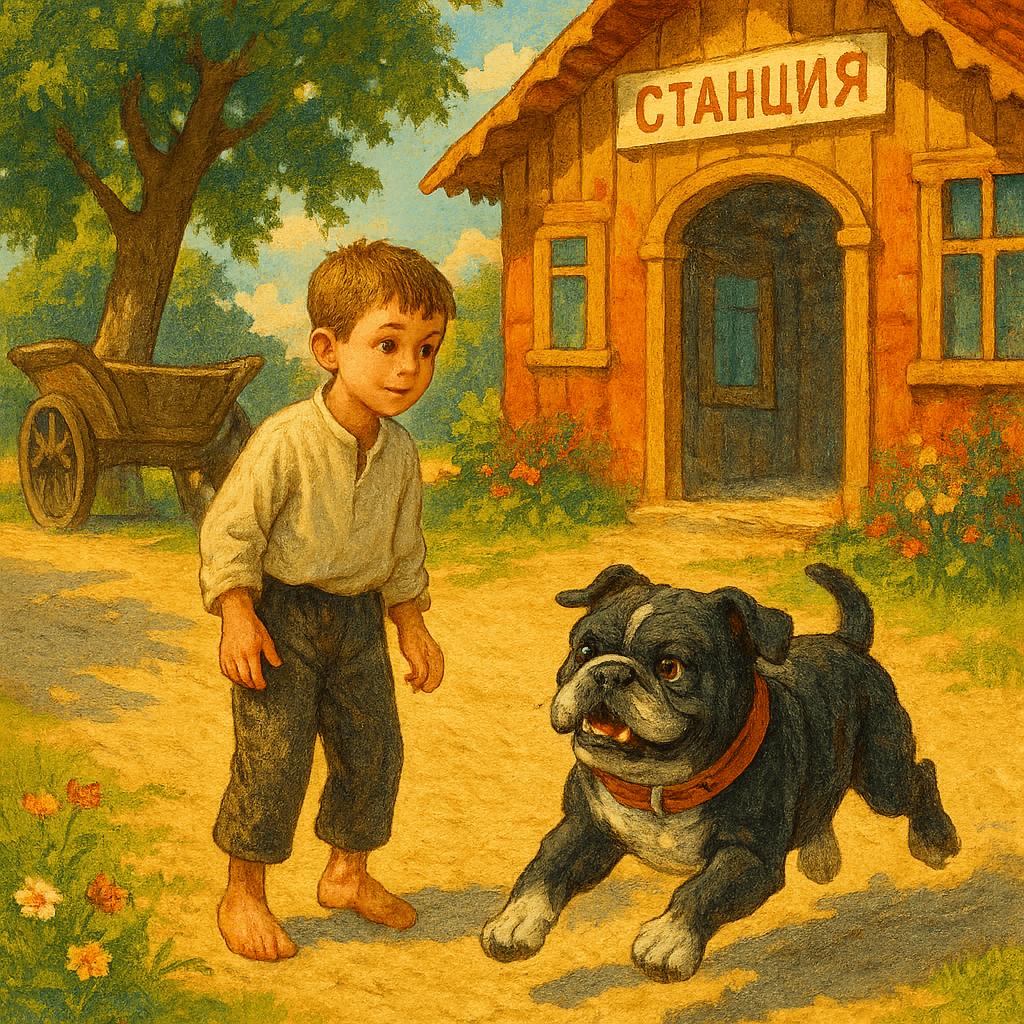 Булька бежит к своему хозяину на станцию