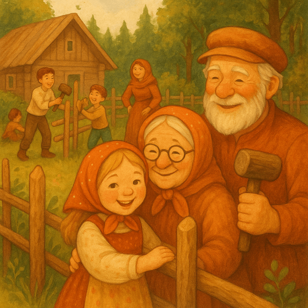 Дети и взрослые строят забор на опушке леса Машенька рядом.