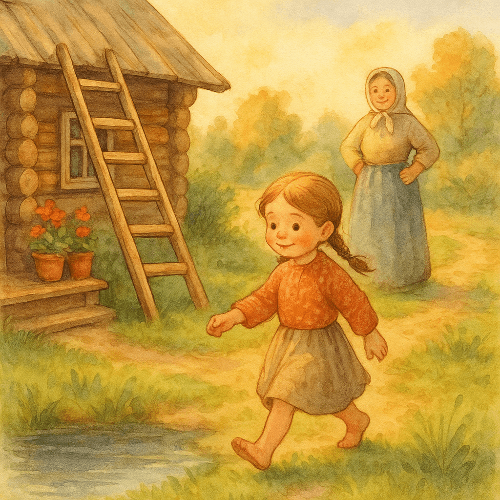 Теперь Аришка смело справляется с делами: вода, погреб, чердак