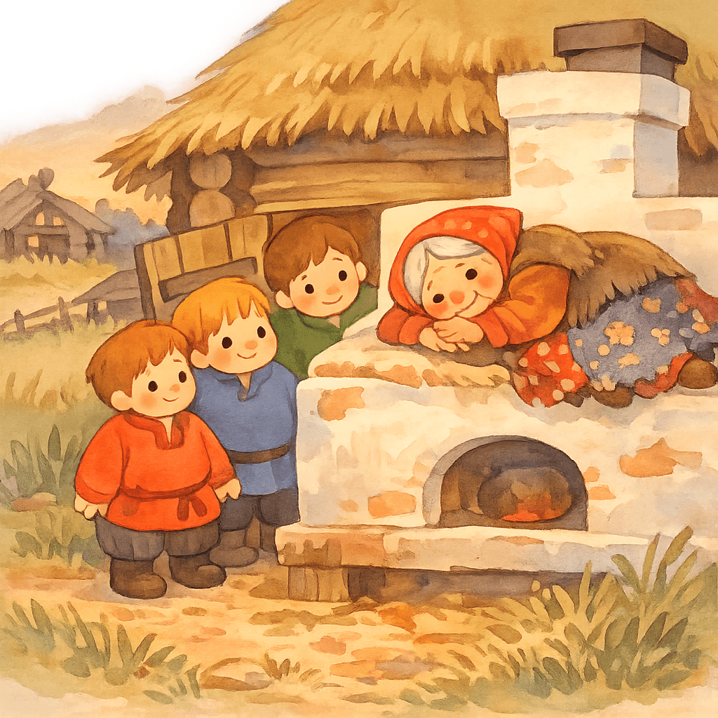 Трое братьев заходят в заброшенную избушку, на печи лежит старуха