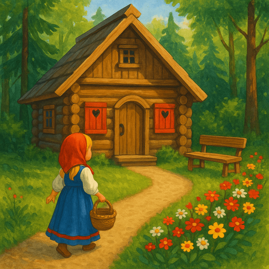 Машенька подходит к избушке с цветами в лесу