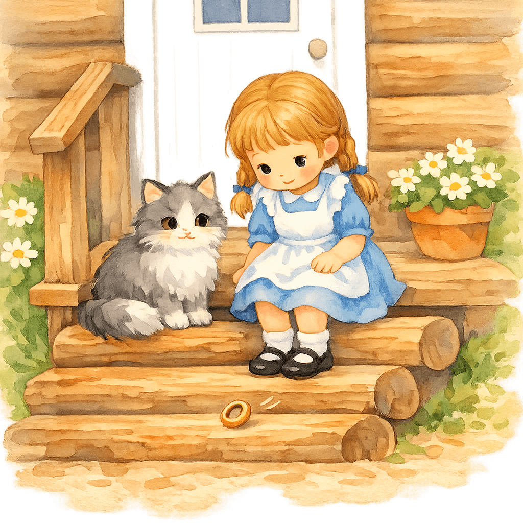 Колечко катится по деревянным ступенькам, Оля и кошка наблюдают