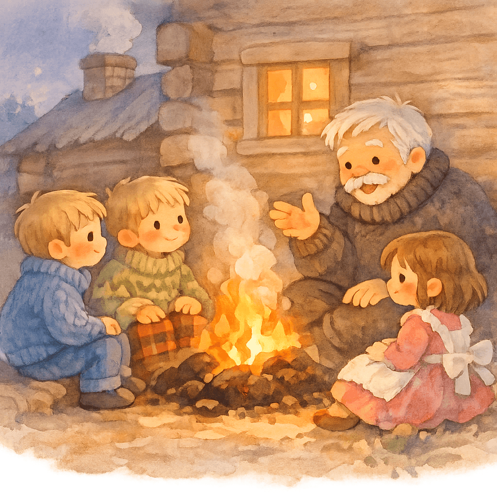 Дети у костра слушают старика-сказочника