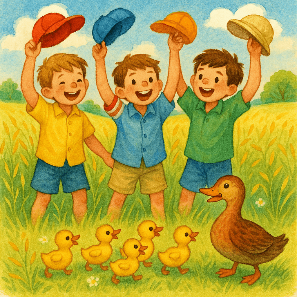 Дети машут шапками и кричат вслед утятам на фоне поля