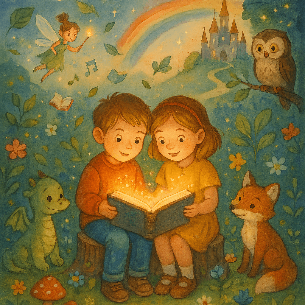 Дети 8–9 лет (мальчик и девочка) читают светящуюся книгу на пеньке, вокруг сказочные существа: дракон, фея, сова, лисёнок. На заднем плане замок, радуга и звёзды. Яркая детская иллюстрация для категории «Сказки для детей 8 - 9 лет».