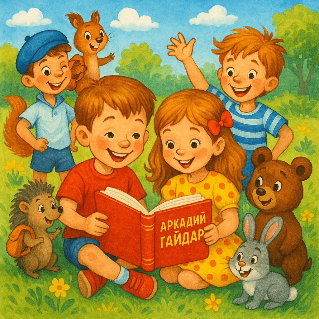 Дети читают книгу Аркадия Гайдара на солнечной поляне, рядом весёлые герои его сказок — мальчишки и зверята, атмосфера дружбы и приключений.