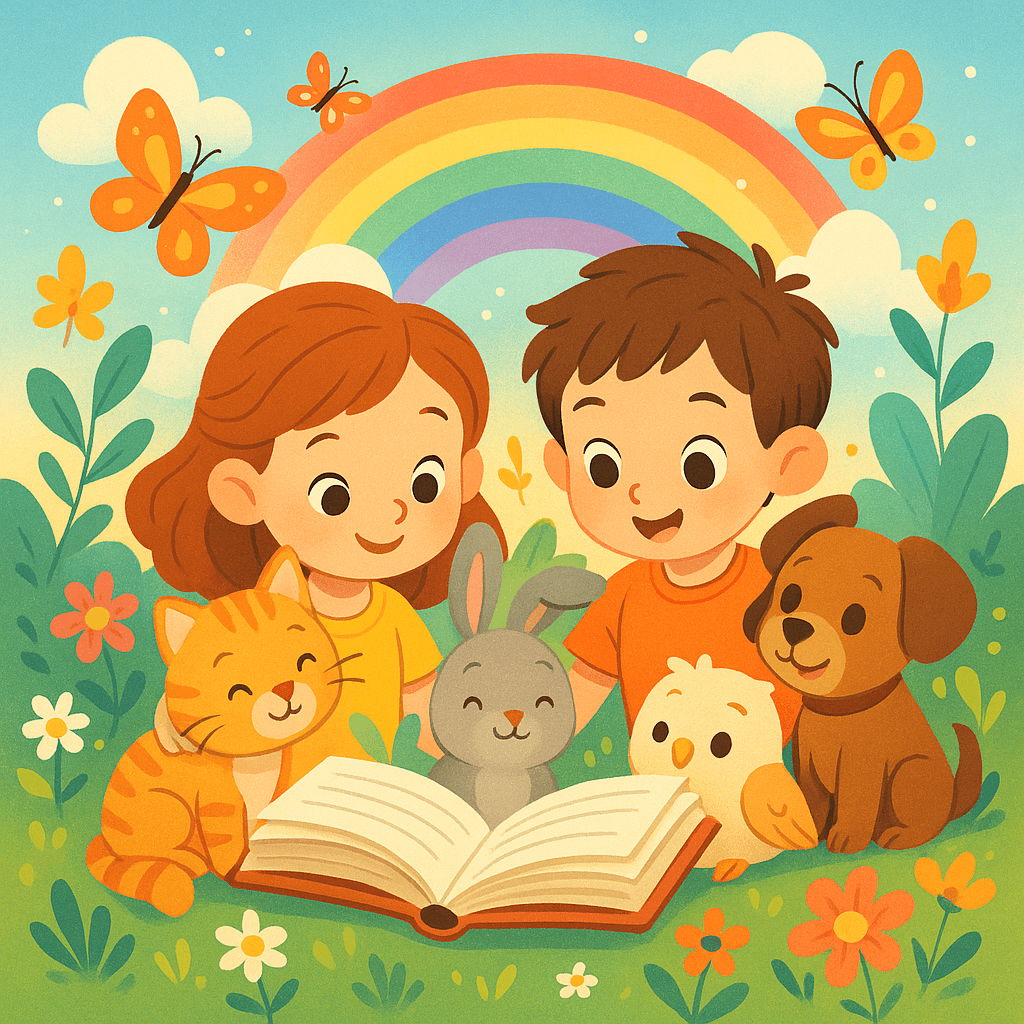 Дети и зверята на волшебной поляне читают книгу, вокруг них появляются яркие сказочные элементы: радуга, бабочки, цветы. Атмосфера уюта, дружбы и вдохновения, современный детский стиль.