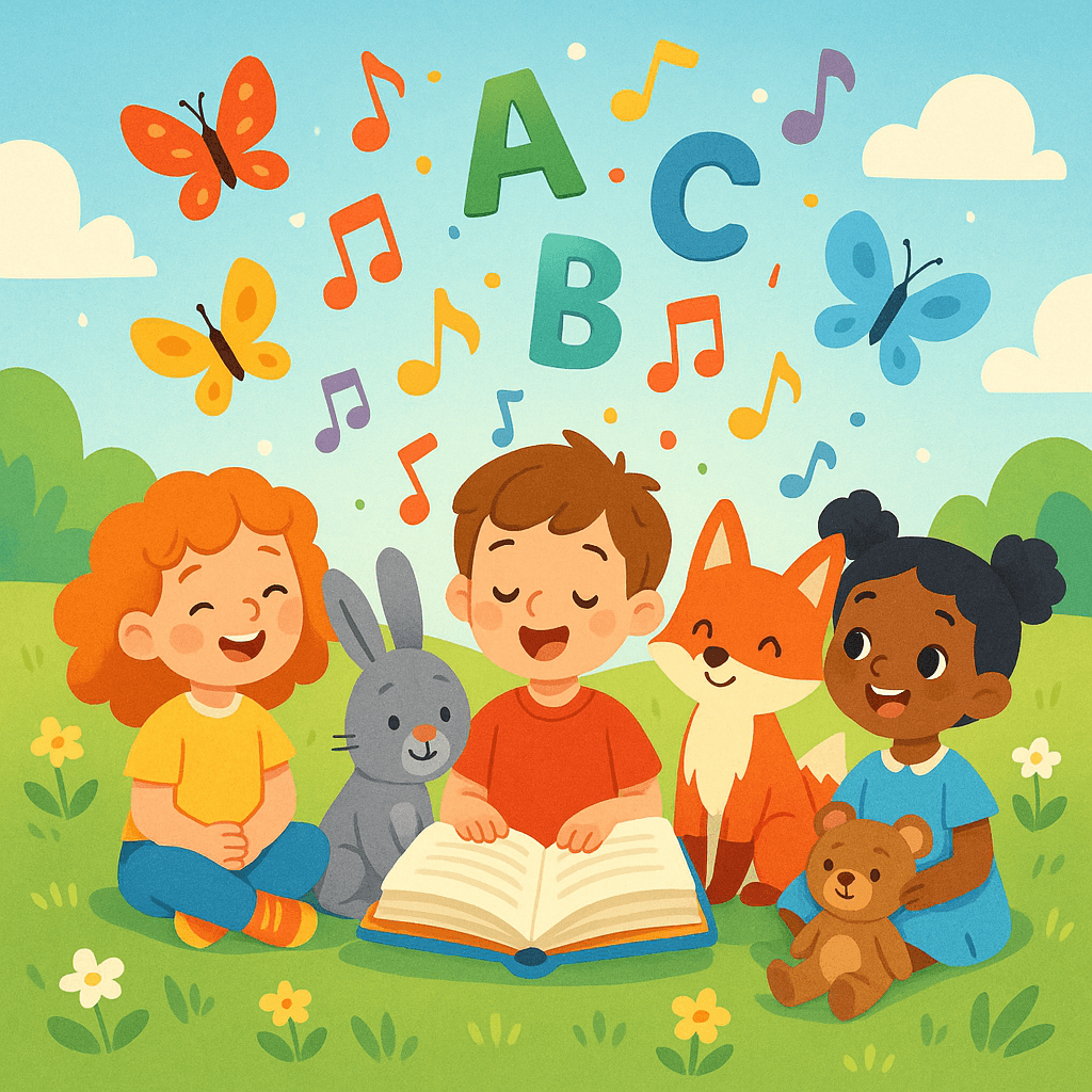 Дети и зверята на волшебной поляне читают стихи, из книги вылетают разноцветные буквы, бабочки и нотки. Атмосфера радости и творчества, современный детский стиль.