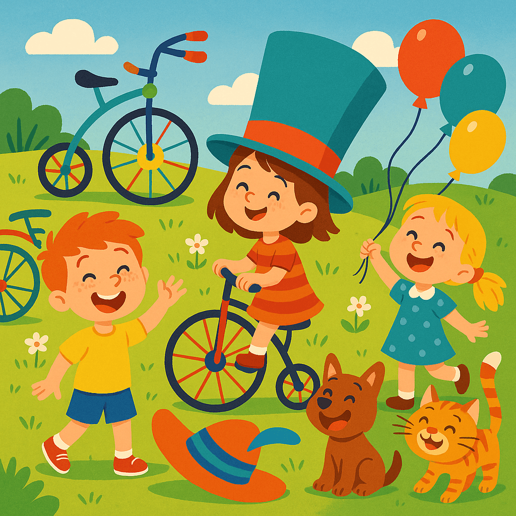 Дети и зверята с озорными улыбками играют на солнечной поляне, рядом необычные предметы из сказок Голявкина. Атмосфера лёгкости, юмора и доброты, яркие цвета, стиль современной детской иллюстрации.