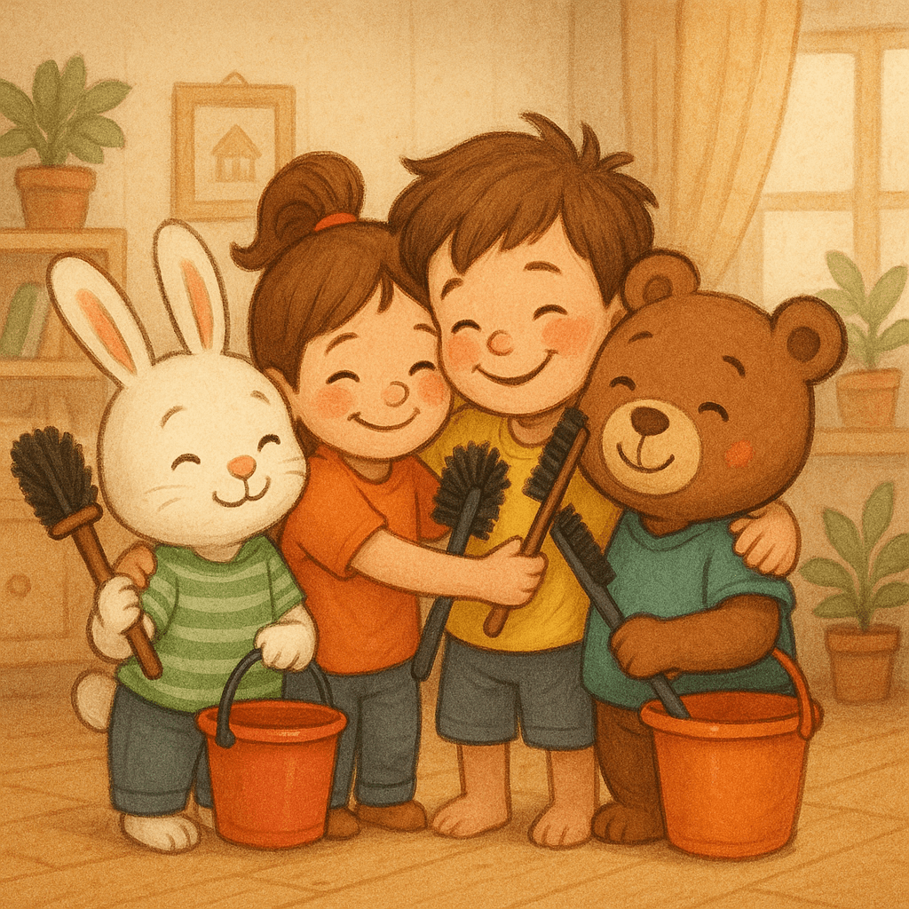 Дети и зверята с ведёрками радостно убирают комнату, объятия после уборки, уютная домашняя атмосфера, детский стиль.