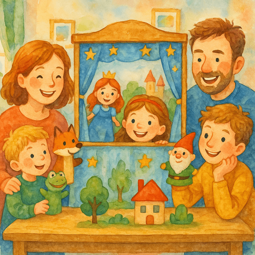 Дети разных возрастов с родителями создают домашний театр сказок: куклы, ширма, декорации, радостные лица. Атмосфера творчества и семейного уюта.