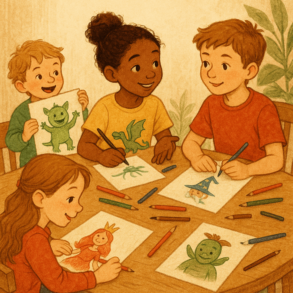 Дети сочиняют сказки и рисуют героев за столом, доброжелательная творческая атмосфера.