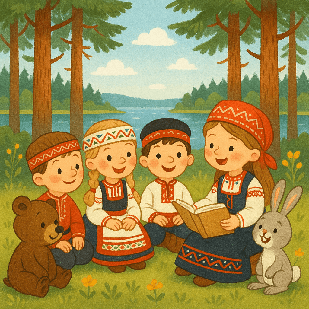 Дети в традиционных карельских костюмах слушают сказки среди соснового леса, рядом медвежонок и заяц, уютная атмосфера.