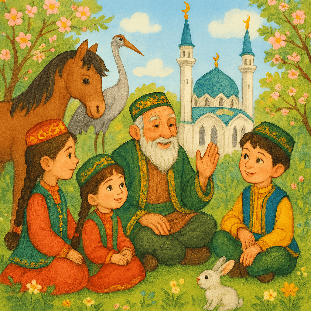 Дети в татарских костюмах слушают сказку у старца на фоне мечети и волшебных животных, яркий восточный детский стиль.