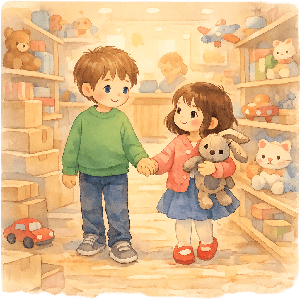 Ваня берёт девочку за руку и ведёт к прилавку