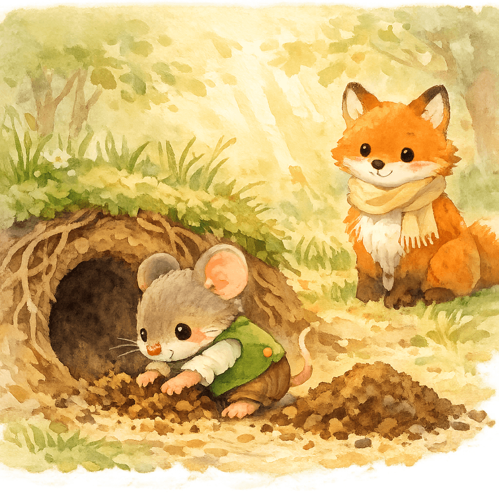 Мышонок роет норку, лиса наблюдает