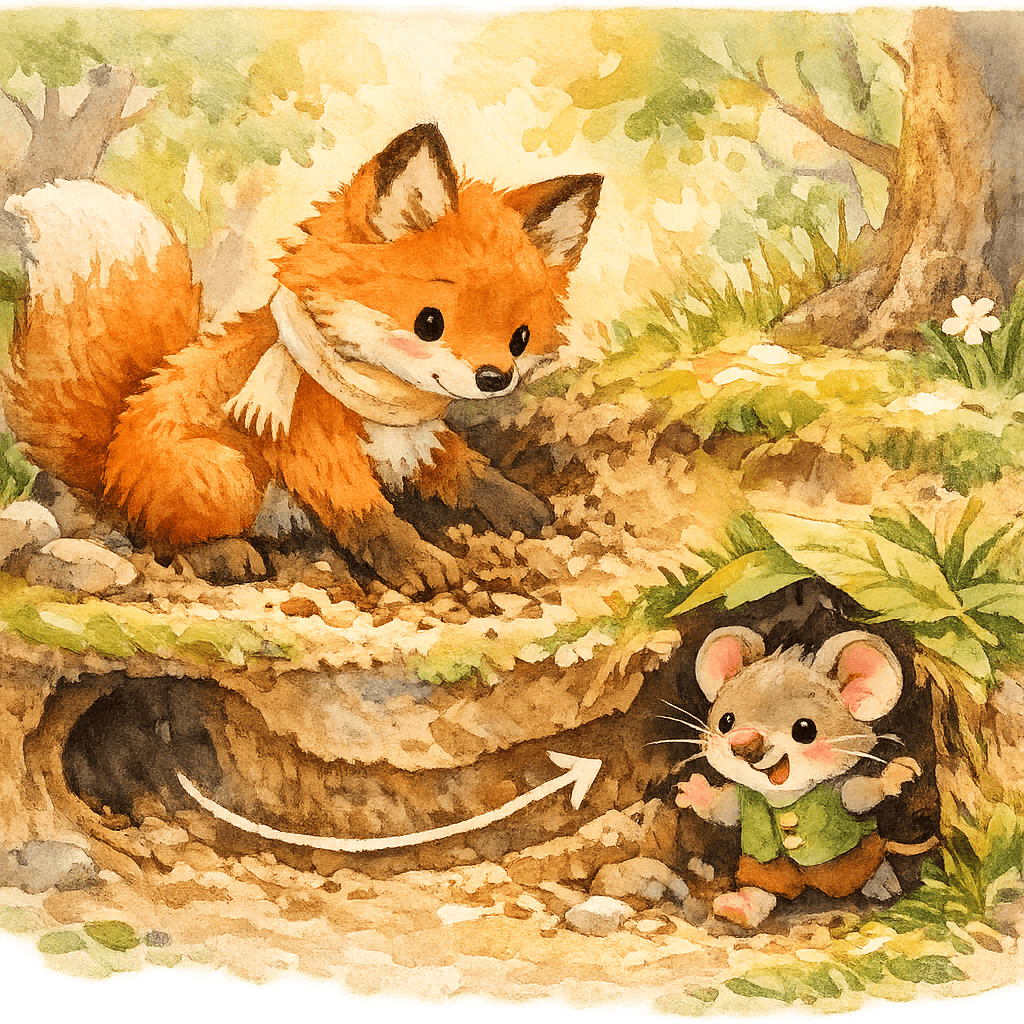 Мышонок убегает через тайный отнорочек