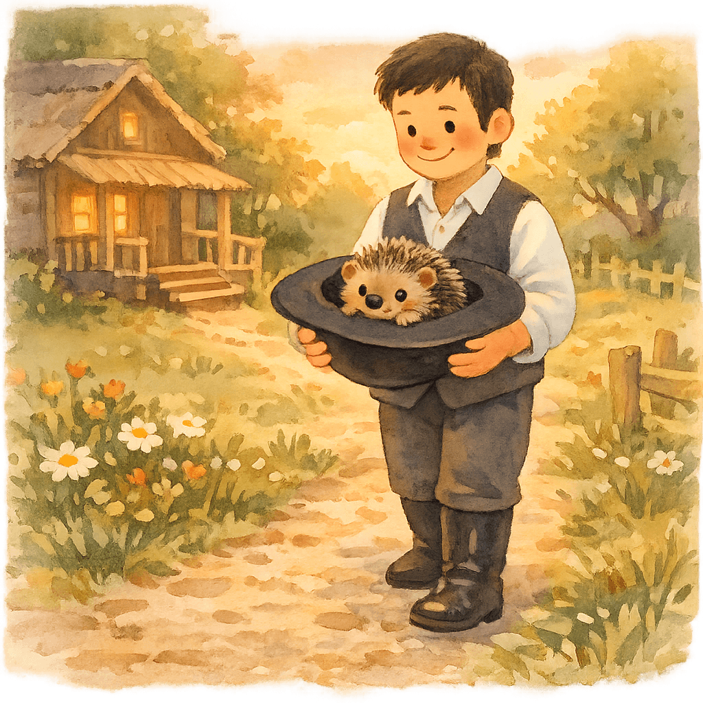 Мужчина несёт домой шляпу, а в ней сидит ёжик.