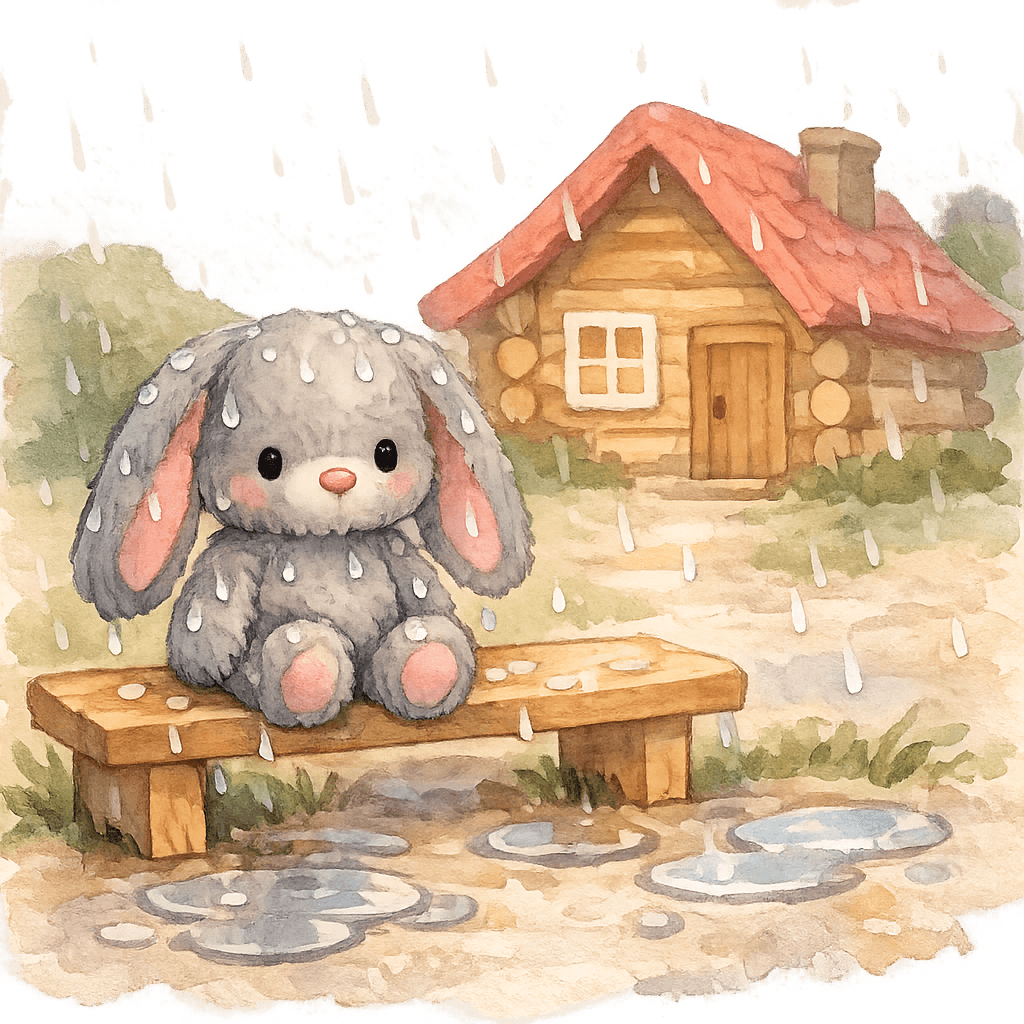 Плюшевый зайка остался под дождём на скамейке