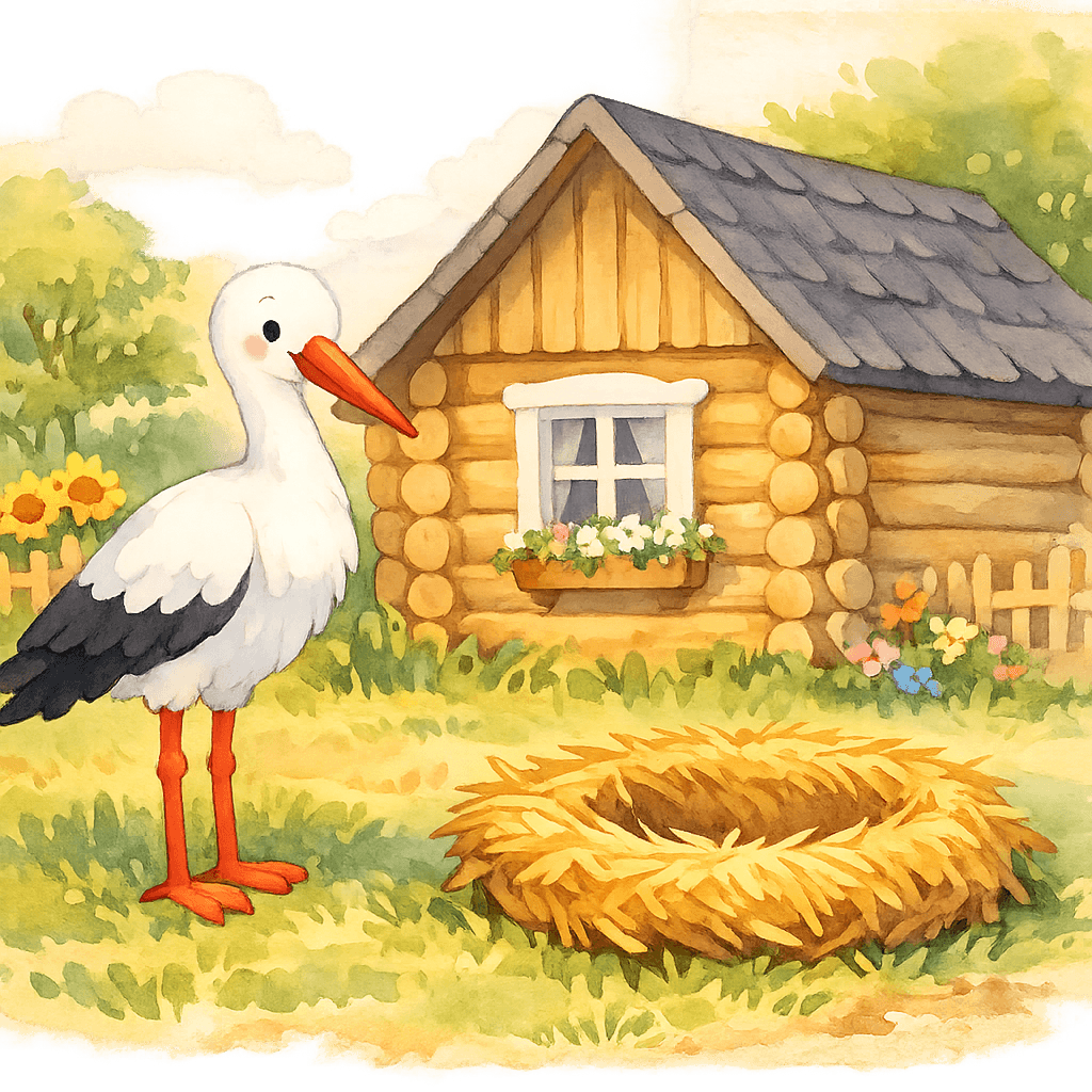 Аист у деревенского дома летом