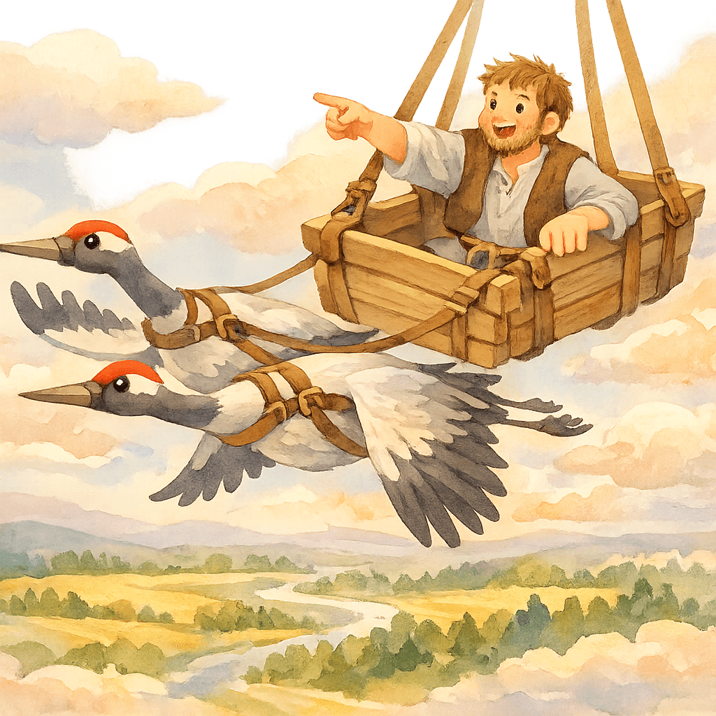 Подвода с двумя журавлями в небе