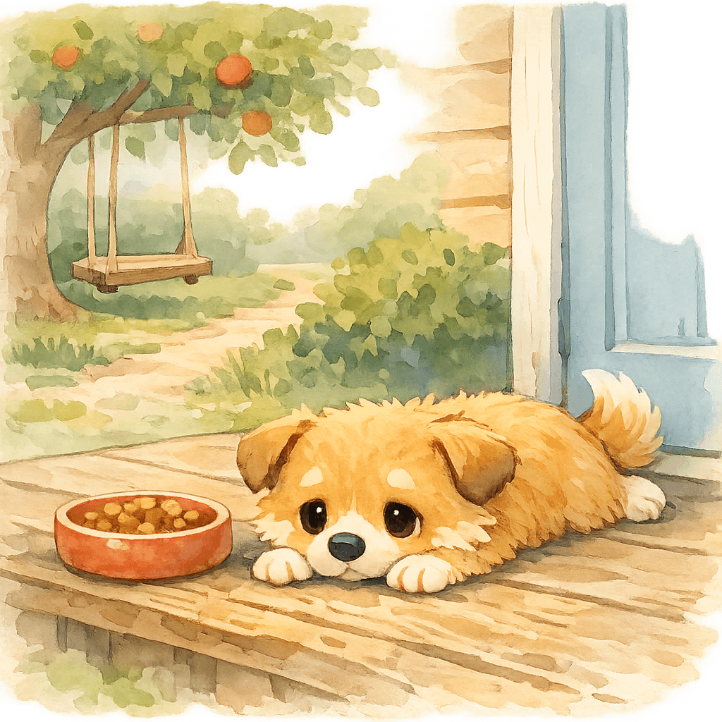 Щенок грустит на террасе и не притрагивается к еде