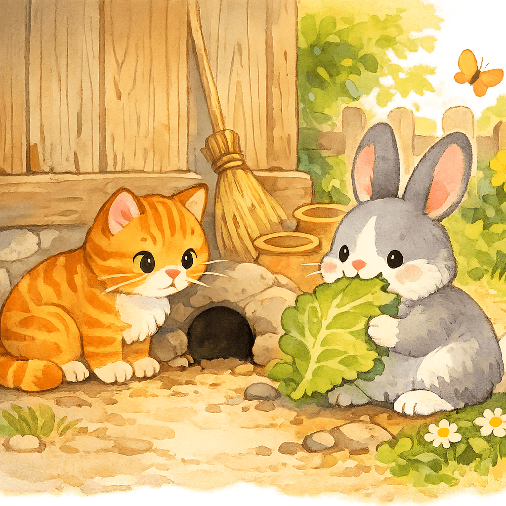 Кот и кролик: кот настороже, кролик ест капусту
